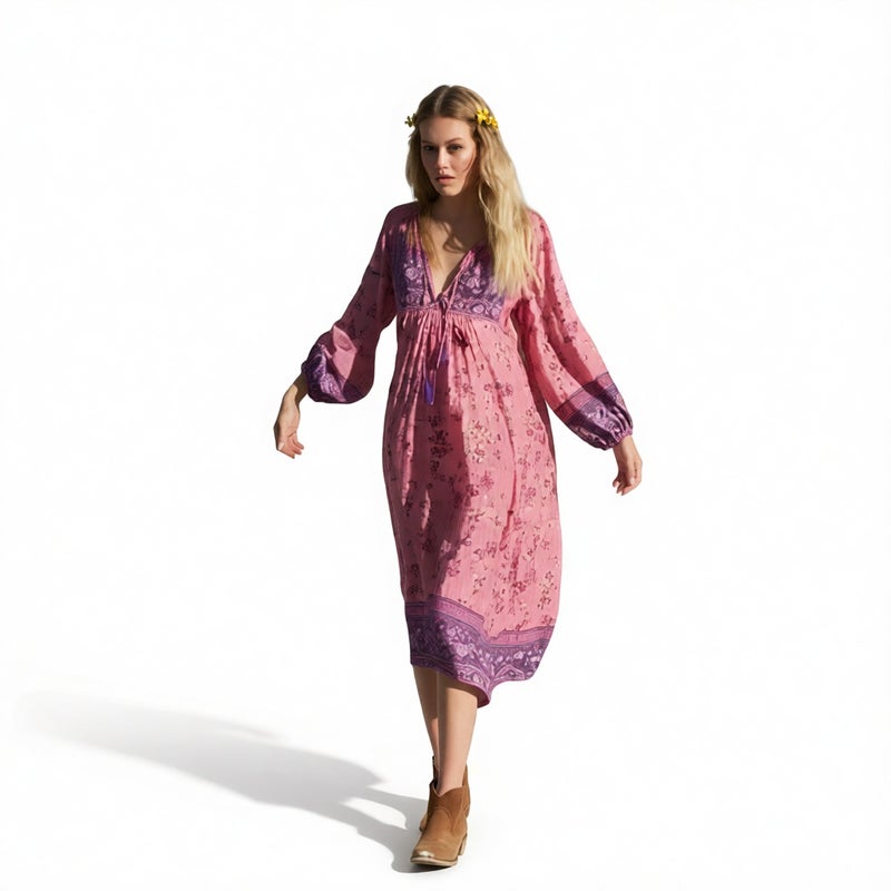 Bohemian Long Sleeve Fringe Irregular Print Dress
