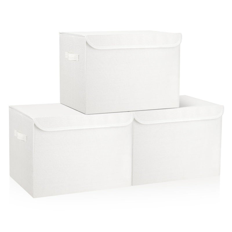 Bagnizer Large 17" 42 Quarts Collapsible Stackable Storage Bins with Lids [3-Pack] Foldable Fabric Linen Storage Boxes Cube, Closet Organizer Baskets with Label (16.7 x 12 x 12, White) - Image 1