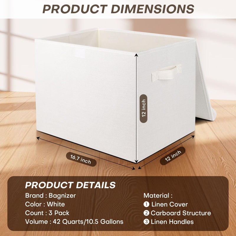 Bagnizer Large 17" 42 Quarts Collapsible Stackable Storage Bins with Lids [3-Pack] Foldable Fabric Linen Storage Boxes Cube, Closet Organizer Baskets with Label (16.7 x 12 x 12, White) - Image 2