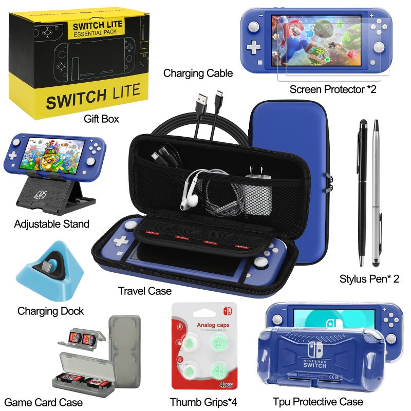 WDZREE Switch Lite Accessories Bundle, Kit with Carrying Case,TPU Case Cover with Screen Protector,Charging Dock,Playstand, Game Card Case, USB Cable, Stylus,Thumb Grip Caps for Nintendo Switch Lite (Blue) - Image 2