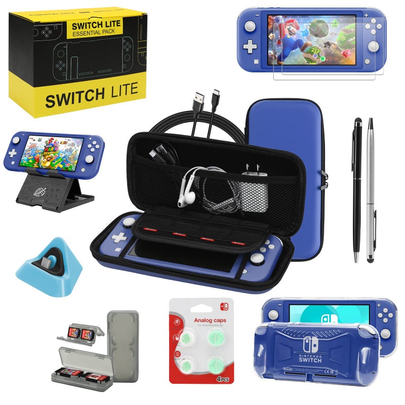 WDZREE Switch Lite Accessories Bundle, Kit with Carrying Case,TPU Case Cover with Screen Protector,Charging Dock,Playstand, Game Card Case, USB Cable, Stylus,Thumb Grip Caps for Nintendo Switch Lite (Blue) - Image 1