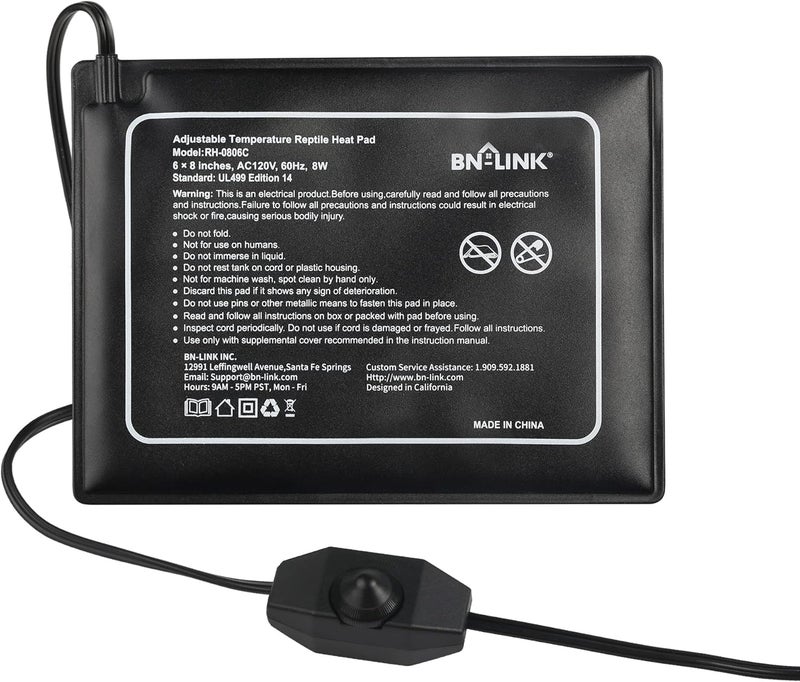 BN-LINK Reptile Heating Pad 6"X8" with Adjust Knob, Adjustable Temperature Under Tank Heater for Reptiles, Indoor Terraium Heating Mat for Turtles, Lizard, Snakes, Frogs, and Other Reptiles - Image 1