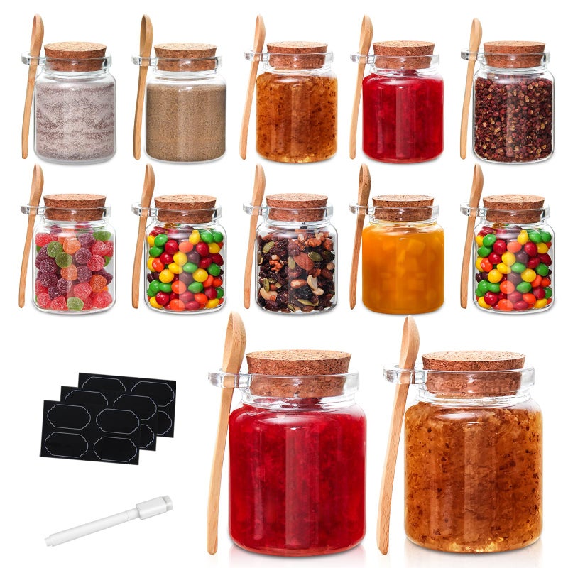 YEBODA 10oz Small Glass Storage Jars with Cork Lids and Spoons Yogurt Containers for Pantry,Bathroom,Spices,Honey,Mousse,Candy,Candle Making,Diy and Art,Dishwaresafe 12 Pack - Image 1
