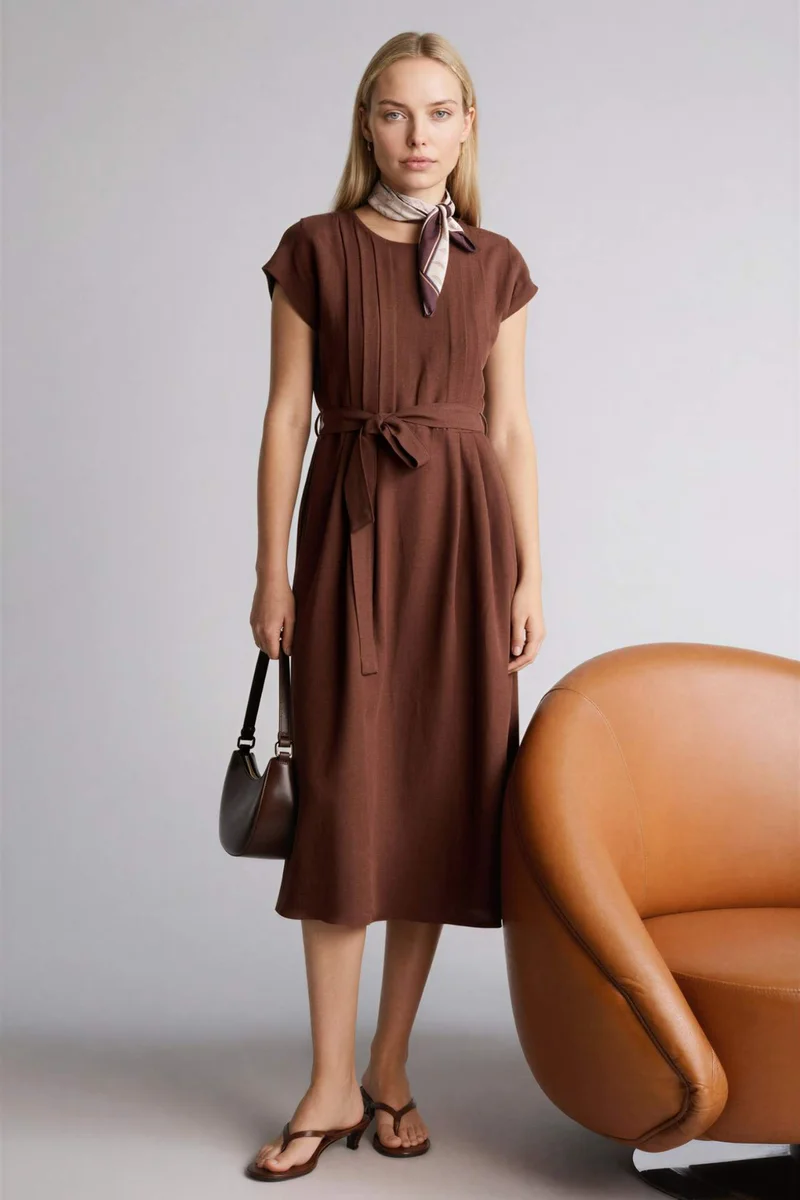 ديفاكتو Round Collar Linen Blended Batwing Dress