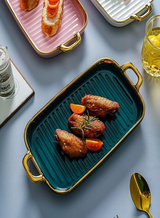 Beyond Homes Ceramic Serving Platter with Handles, 12 Inch | Rectangular Ceramic Snack Tray with Gold Rim | Microwave & Dishwasher Safe Platter for Starters, Appetizers & Dining Table (Teal Gold) - Image 1
