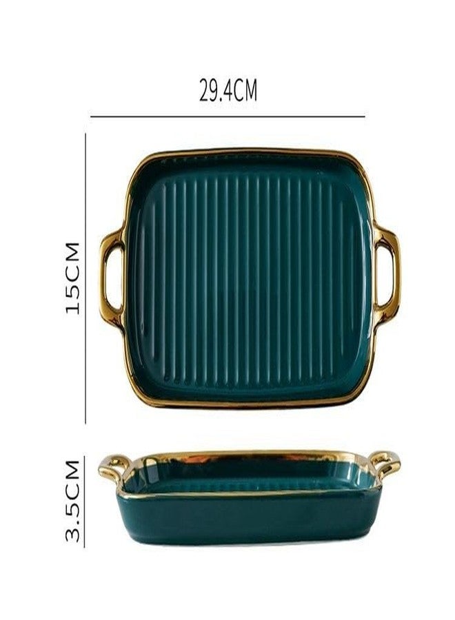 Beyond Homes Ceramic Serving Platter with Handles, 12 Inch | Rectangular Ceramic Snack Tray with Gold Rim | Microwave & Dishwasher Safe Platter for Starters, Appetizers & Dining Table (Teal Gold) - Image 2