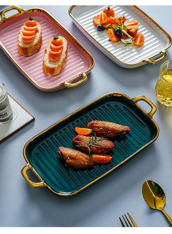 Beyond Homes Ceramic Serving Platter with Handles, 12 Inch | Rectangular Ceramic Snack Tray with Gold Rim | Microwave & Dishwasher Safe Platter for Starters, Appetizers & Dining Table (Teal Gold) - Image 3