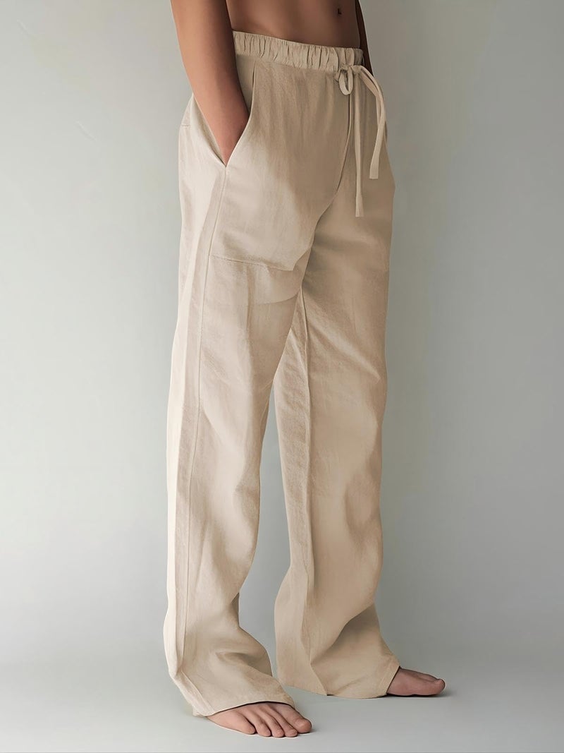 PIDOGYM Mens Cotton Linen Pants, Summer Beach Pants Casual Loose Fit with Elastic Waist Drawstring Light Khaki - Image 2
