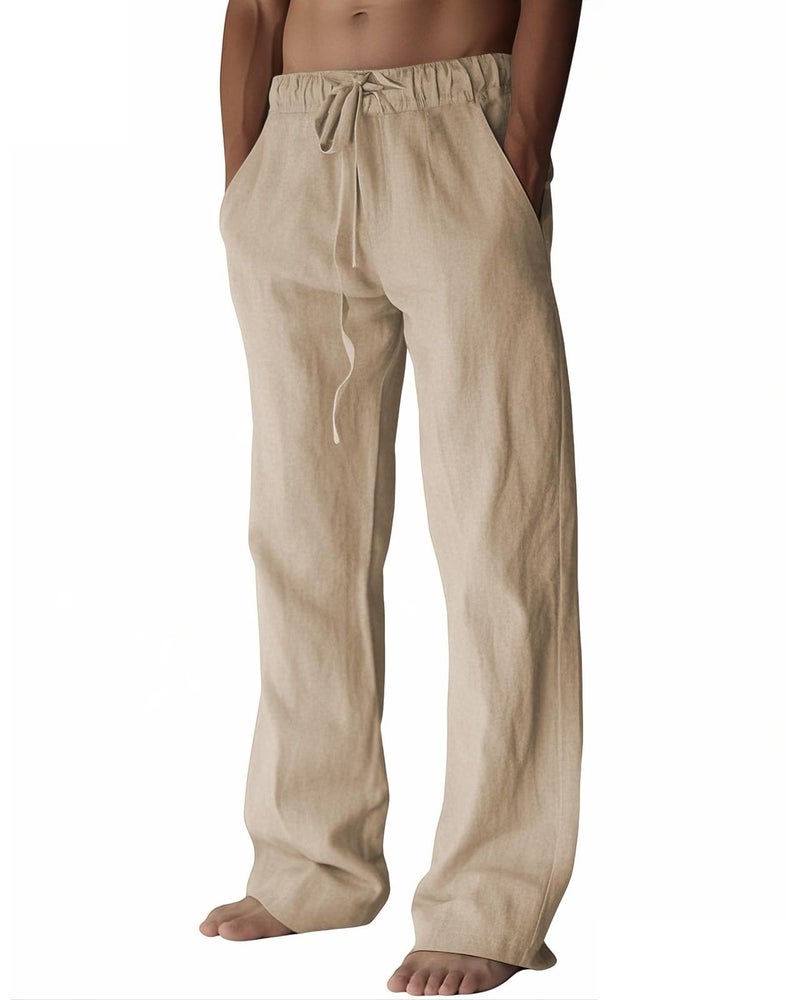 PIDOGYM Mens Cotton Linen Pants, Summer Beach Pants Casual Loose Fit with Elastic Waist Drawstring Light Khaki - Image 1