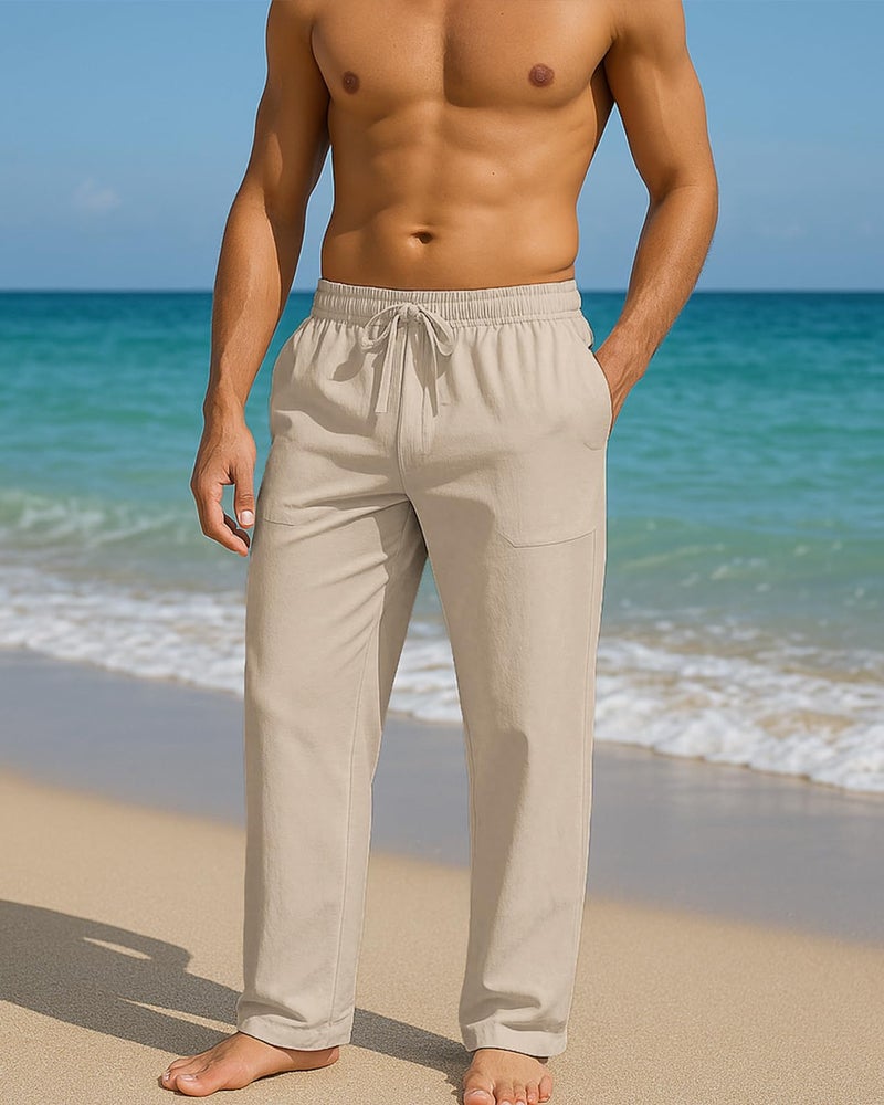 PIDOGYM Mens Cotton Linen Pants, Summer Beach Pants Casual Loose Fit with Elastic Waist Drawstring Light Khaki - Image 4