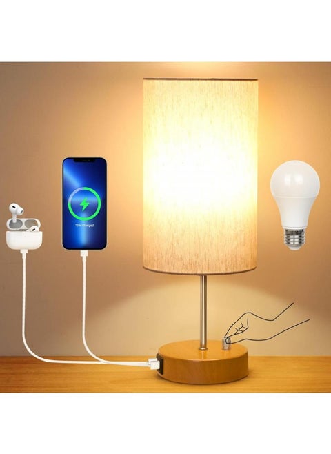 Bedside Table Lamp, Bedroom Lamp With Rotary Switch, Dimmable Bedside Table Lamp For Living Room, Dormitory, Home, Office, Round Linen Fabric Shading And LED Bulb Included
