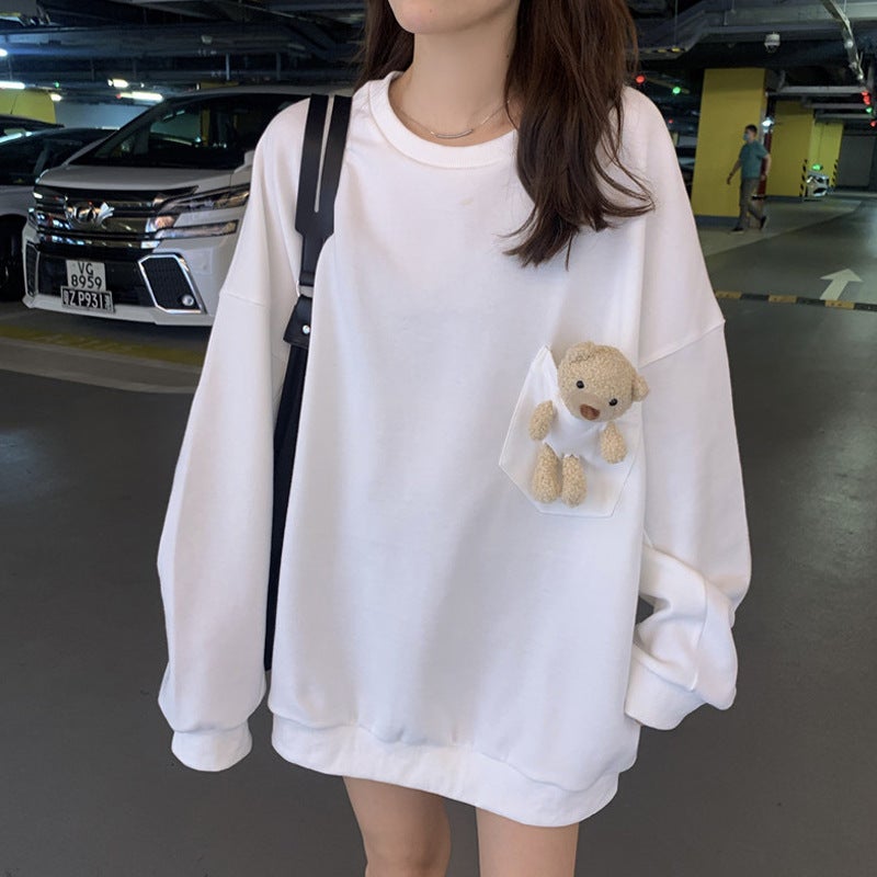 Autumn and Winter New Korean Style Loose Design Sense Cute Bear Large Version Coat Long Sleeve T-Shirt Thin Sweater for Women Black - Image 2