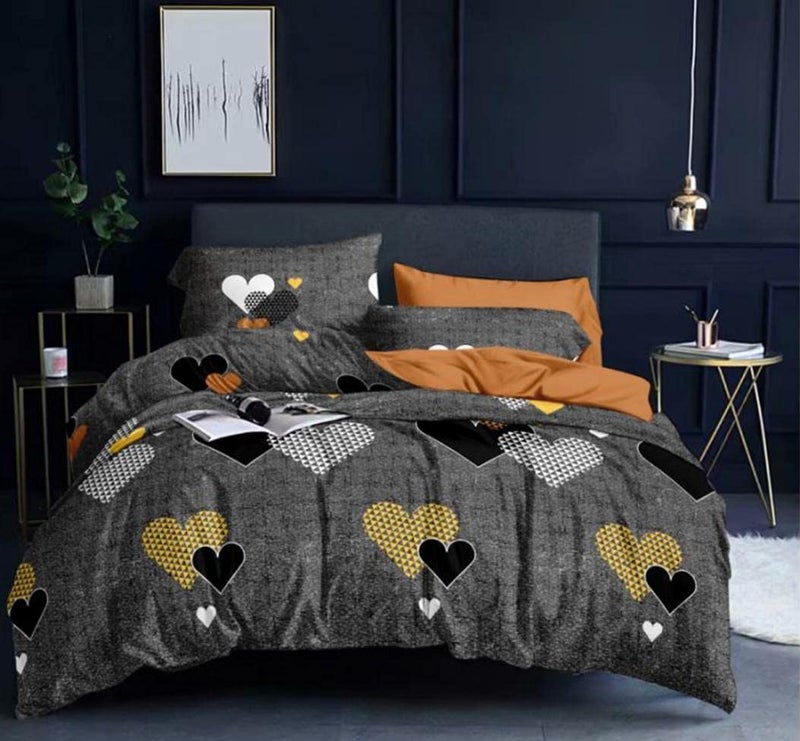 Sky Tex Brown Color 300 TC Glace Cotton Hearts Printed Double Bed Comforter Set with Fitted Bed Sheet (1 Comforter, 1 Fitted Bed Sheet & 2 Pillow Covers)