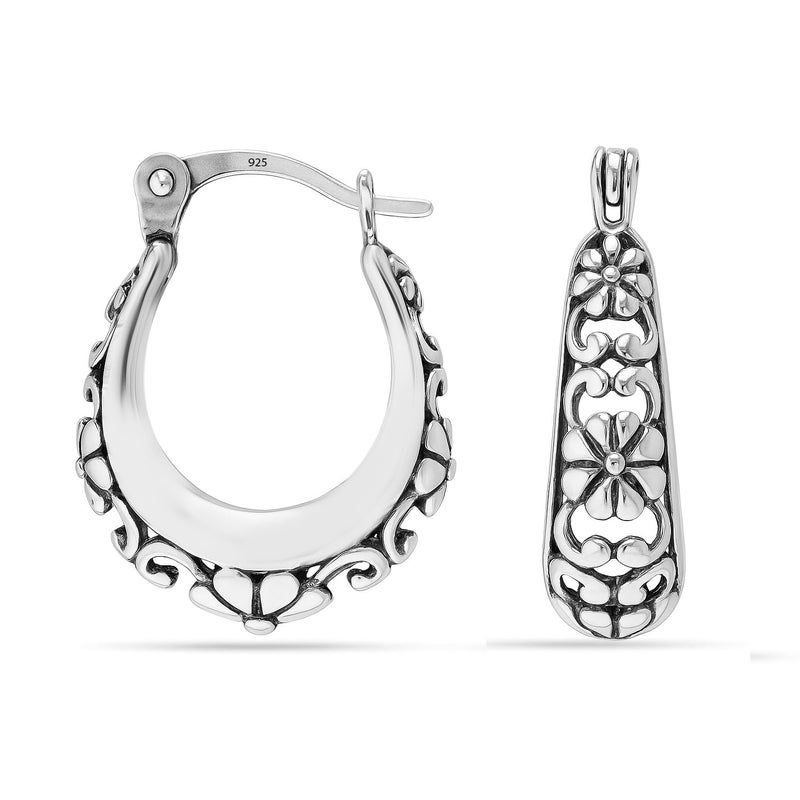 LeCalla 925 Sterling Silver Antique Hoop Earrings Lightweight Italian Small Oval Oxidized Floral Filigree Hoop Earrings for Women 18 MM - Image 1