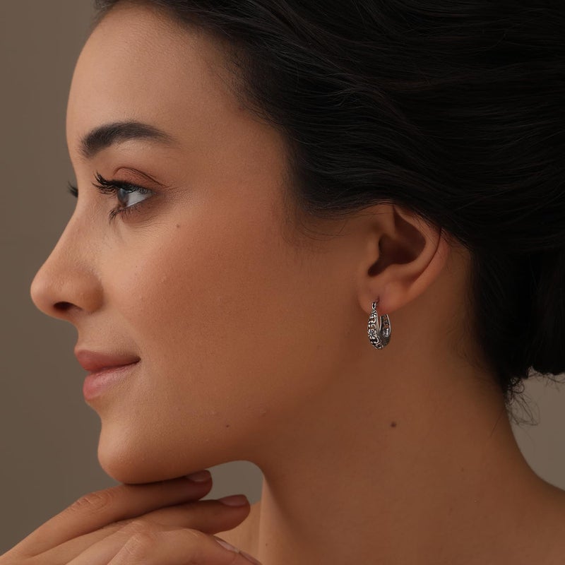 LeCalla 925 Sterling Silver Antique Hoop Earrings Lightweight Italian Small Oval Oxidized Floral Filigree Hoop Earrings for Women 18 MM - Image 2