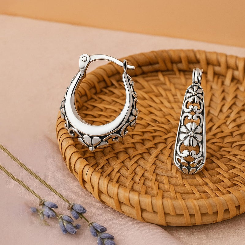 LeCalla 925 Sterling Silver Antique Hoop Earrings Lightweight Italian Small Oval Oxidized Floral Filigree Hoop Earrings for Women 18 MM - Image 3