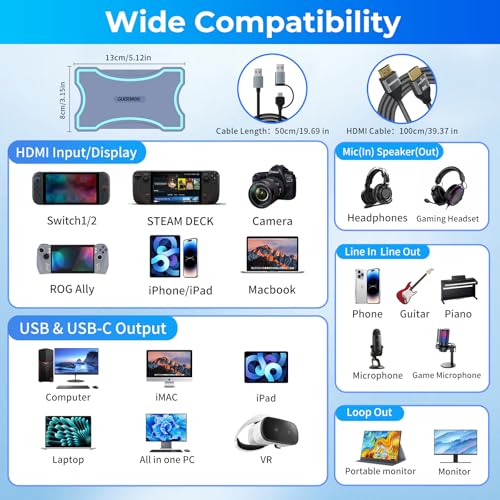 Guermok 4K HDMI Capture Card with Touch LED, Dual HDMI in/Loop-Out, USB 3.0, 4K@60Hz/ 2K@144Hz Video Capture, Mic/Line in, 4K60 Passthrough, Efficient Cooling, Streaming and Gaming for Switch2/1 - Image 3
