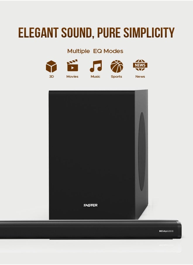 Faster - T2000 2.1 CH Home Theater Soundbar Speakers - Wireless Subwoofer 160W Powerful Audio Output - Dolby Audio Digital Plus, Deep and Thrilling Bass, Digital Embedded - Supporting Bluetooth 5.0, HDMI, AUX, USB & Remote, TV ARC, PC, OPT - Image 1
