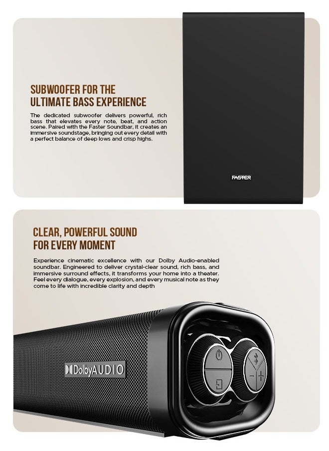 Faster - T2000 2.1 CH Home Theater Soundbar Speakers - Wireless Subwoofer 160W Powerful Audio Output - Dolby Audio Digital Plus, Deep and Thrilling Bass, Digital Embedded - Supporting Bluetooth 5.0, HDMI, AUX, USB & Remote, TV ARC, PC, OPT - Image 1