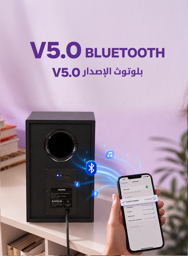 فاستر مكبرات صوت المسرح المنزلي T2000 2.1 CH - مضخم صوت لاسلكي 160 واط مخرج صوت قوي - Dolby Audio Digital Plus، صوت عميق ومثير، رقمي مدمج - يدعم بلوتوث 5.0، HDMI، AUX، USB وجهاز التحكم عن بعد، TV ARC، PC، OPT - Image 5