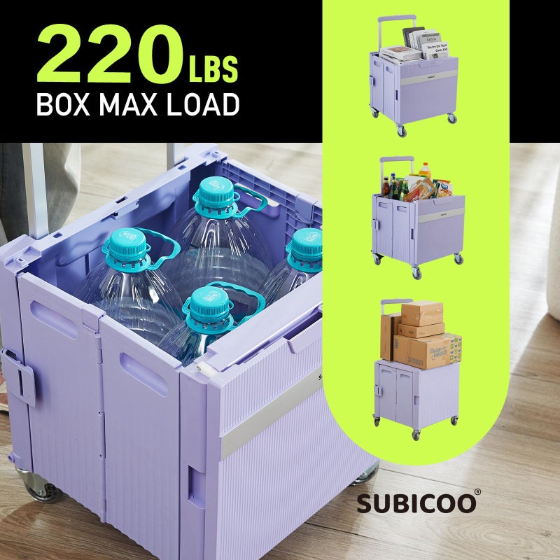 SUBICOO Folding Utility Cart Portable Rolling Crate Handcart Shopping Trolley Collapsible Tool Box, with Lid, on Rotate Wheels, for Grocery, Shopping, Office, Teacher, Camp,File (Purple) - Image 3