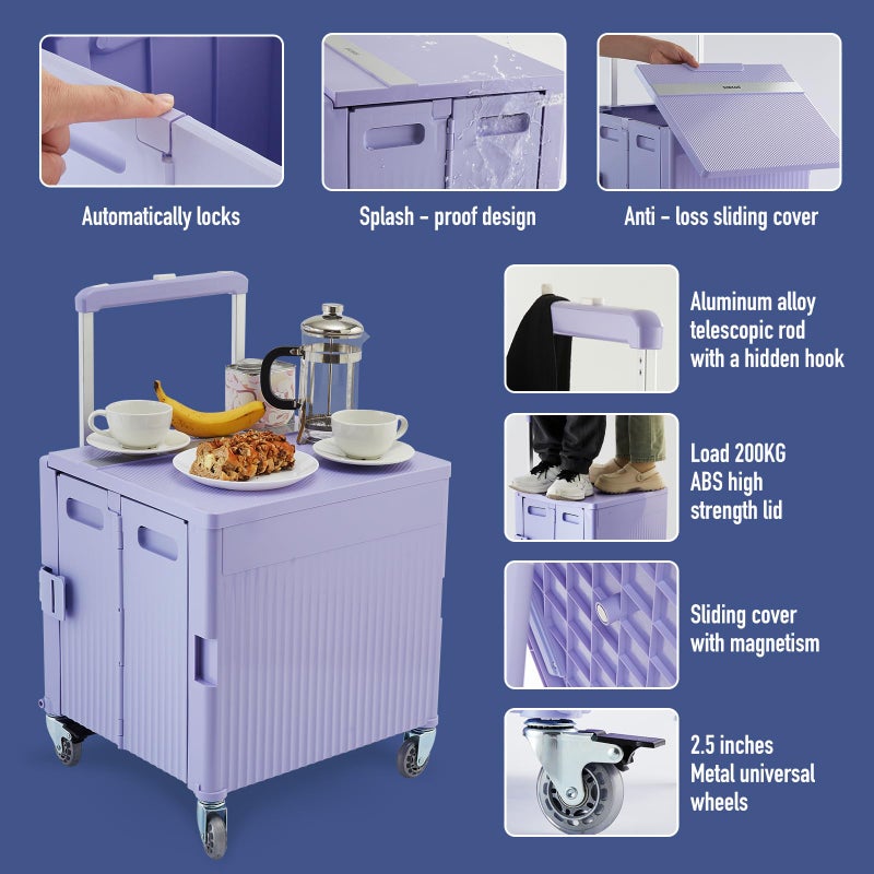 SUBICOO Folding Utility Cart Portable Rolling Crate Handcart Shopping Trolley Collapsible Tool Box, with Lid, on Rotate Wheels, for Grocery, Shopping, Office, Teacher, Camp,File (Purple) - Image 5