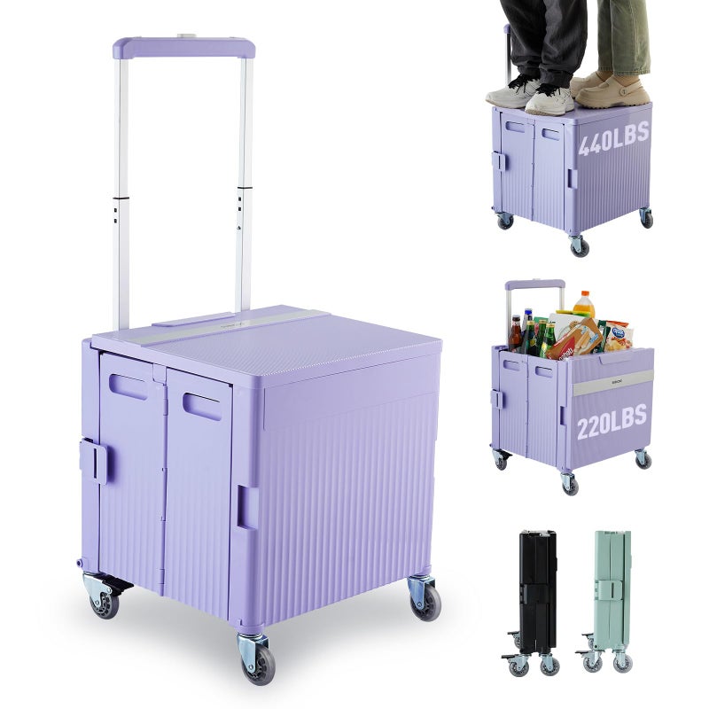SUBICOO Folding Utility Cart Portable Rolling Crate Handcart Shopping Trolley Collapsible Tool Box, with Lid, on Rotate Wheels, for Grocery, Shopping, Office, Teacher, Camp,File (Purple) - Image 1