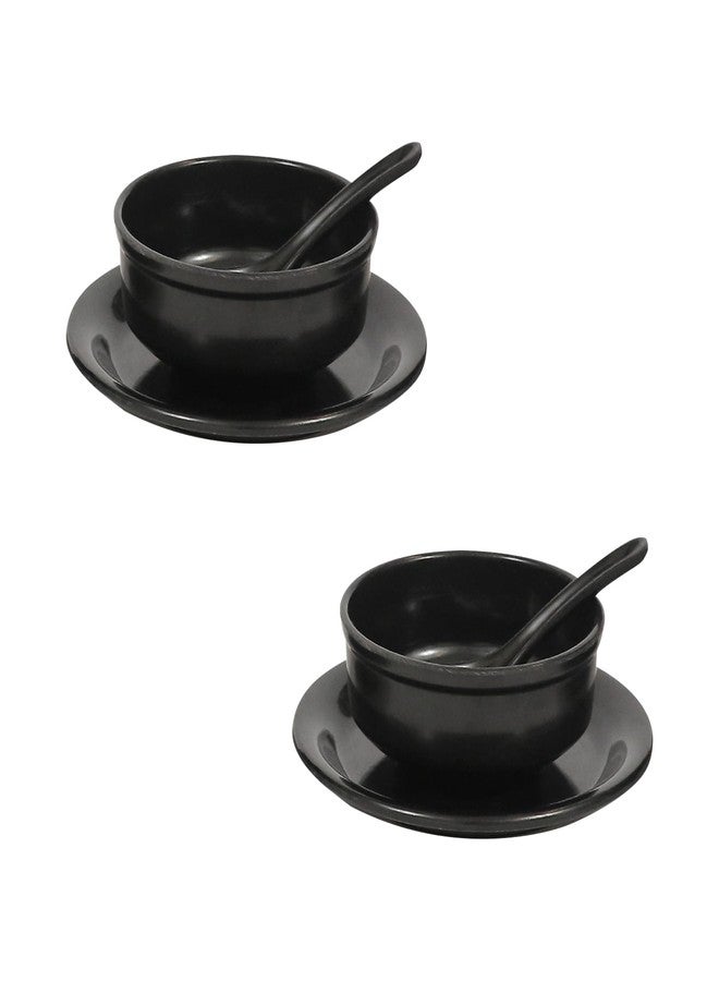 AURKA Melamine Soup Bowl Set of 2 with Saucer and Spoon (Black) Unbreakable, Microwave Safe Bowls, Perfect for Snacks, Pasta, Vegetable, Desserts, Dinner Bowl for Home, Office, Hotel, Any Occasion - Image 1