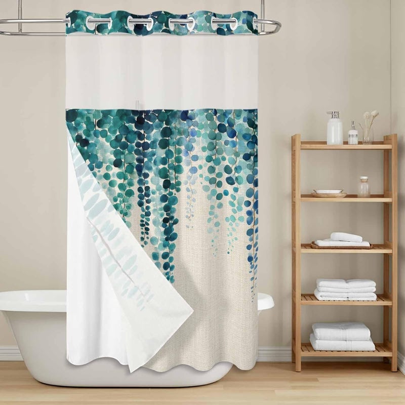 No Hook Shower Curtain and Liner Set, Blue Eucalyptus Leaves Snap in Shower Curtain Set, Weeping Summer Botanical Watercolor Rustic Waterproof Bathroom Curtain with See Through Top Window 36"x72" - Image 2