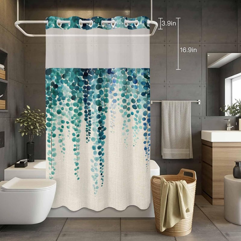 No Hook Shower Curtain and Liner Set, Blue Eucalyptus Leaves Snap in Shower Curtain Set, Weeping Summer Botanical Watercolor Rustic Waterproof Bathroom Curtain with See Through Top Window 36"x72" - Image 4