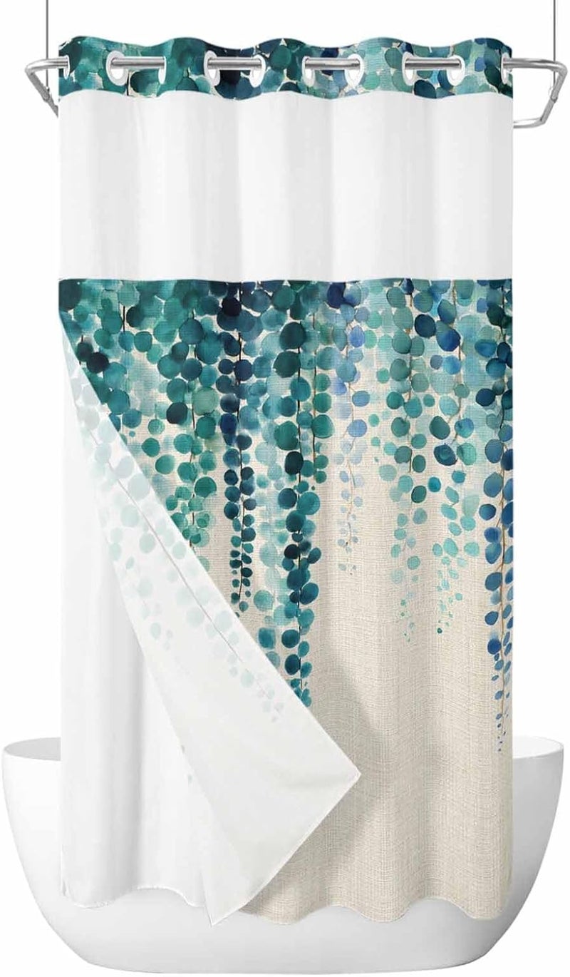 No Hook Shower Curtain and Liner Set, Blue Eucalyptus Leaves Snap in Shower Curtain Set, Weeping Summer Botanical Watercolor Rustic Waterproof Bathroom Curtain with See Through Top Window 36"x72" - Image 1
