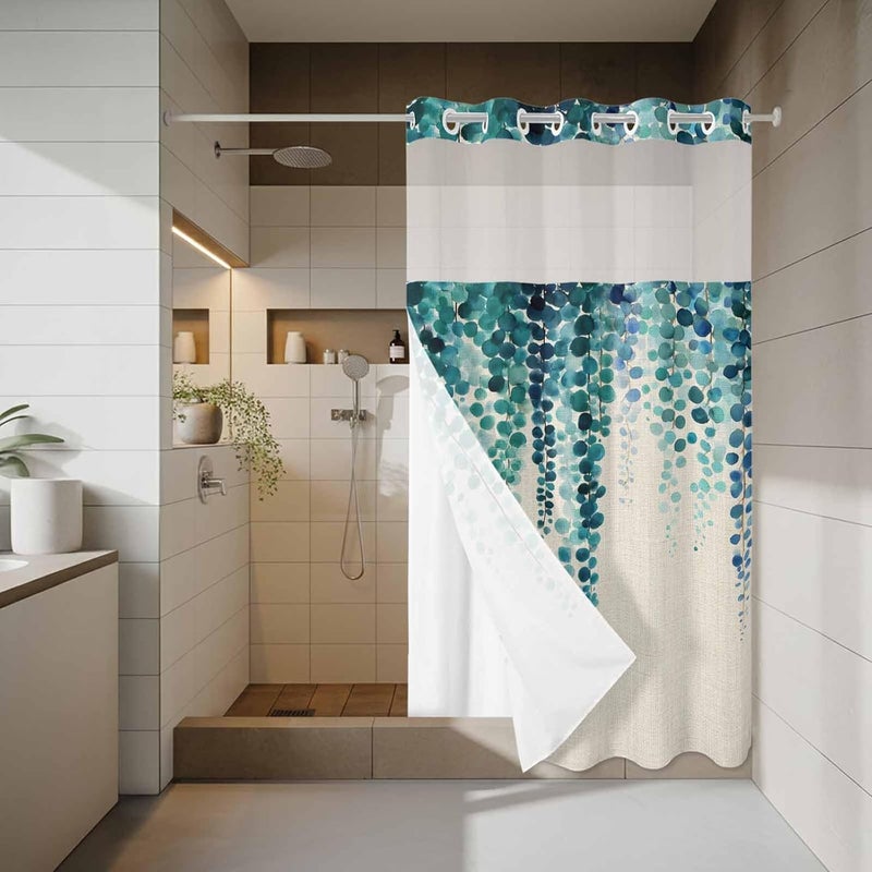 No Hook Shower Curtain and Liner Set, Blue Eucalyptus Leaves Snap in Shower Curtain Set, Weeping Summer Botanical Watercolor Rustic Waterproof Bathroom Curtain with See Through Top Window 36"x72" - Image 3