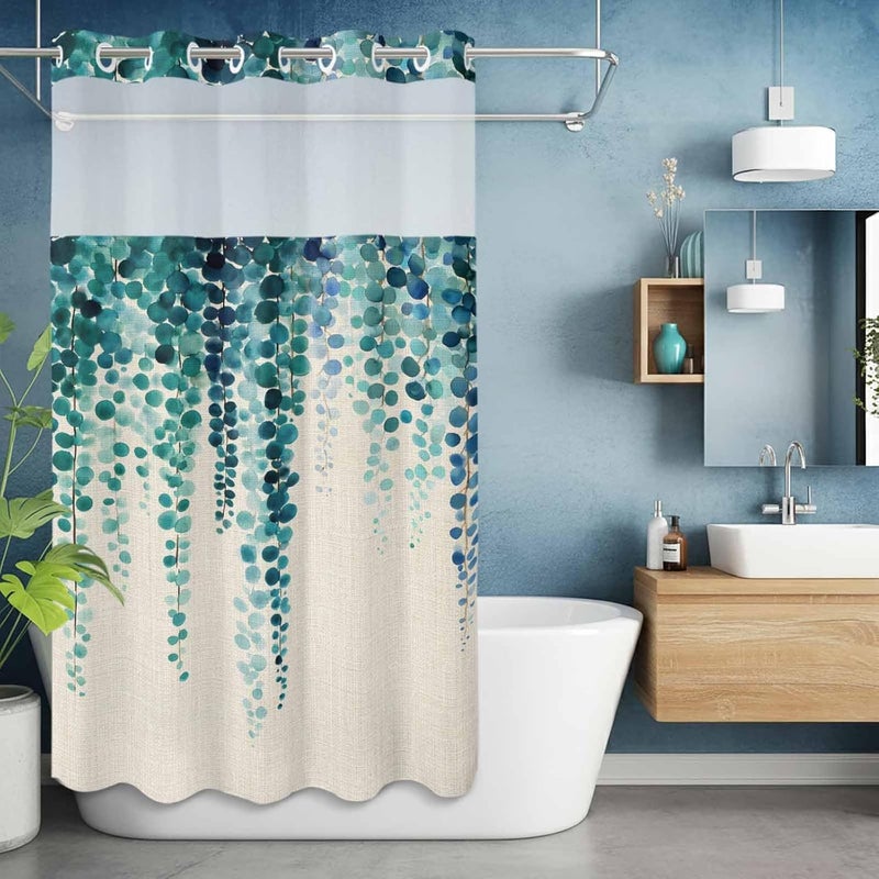 No Hook Shower Curtain and Liner Set, Blue Eucalyptus Leaves Snap in Shower Curtain Set, Weeping Summer Botanical Watercolor Rustic Waterproof Bathroom Curtain with See Through Top Window 36"x72" - Image 5