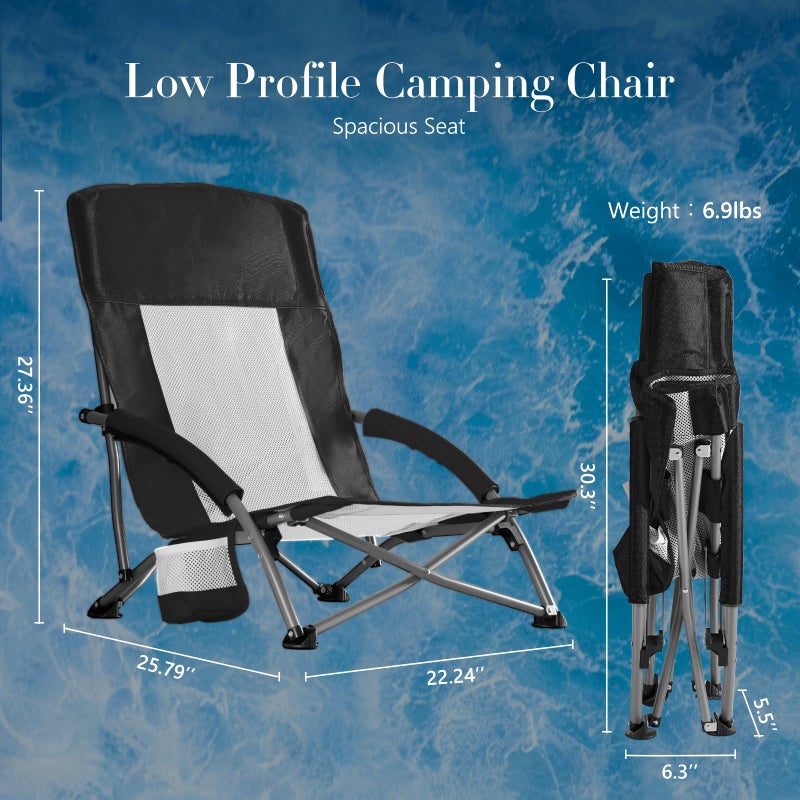 DUMOS Low Beach Chair for Adults, Lightweight Folding Portable Beach Chair with Cup Holder, Storage Pocket, Breeze Mesh Back, Padded Armrests, Low Profile Chair for Camp, Picnic, Lawn, Sand, Black - Image 2