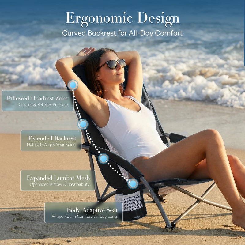 DUMOS Low Beach Chair for Adults, Lightweight Folding Portable Beach Chair with Cup Holder, Storage Pocket, Breeze Mesh Back, Padded Armrests, Low Profile Chair for Camp, Picnic, Lawn, Sand, Black - Image 3
