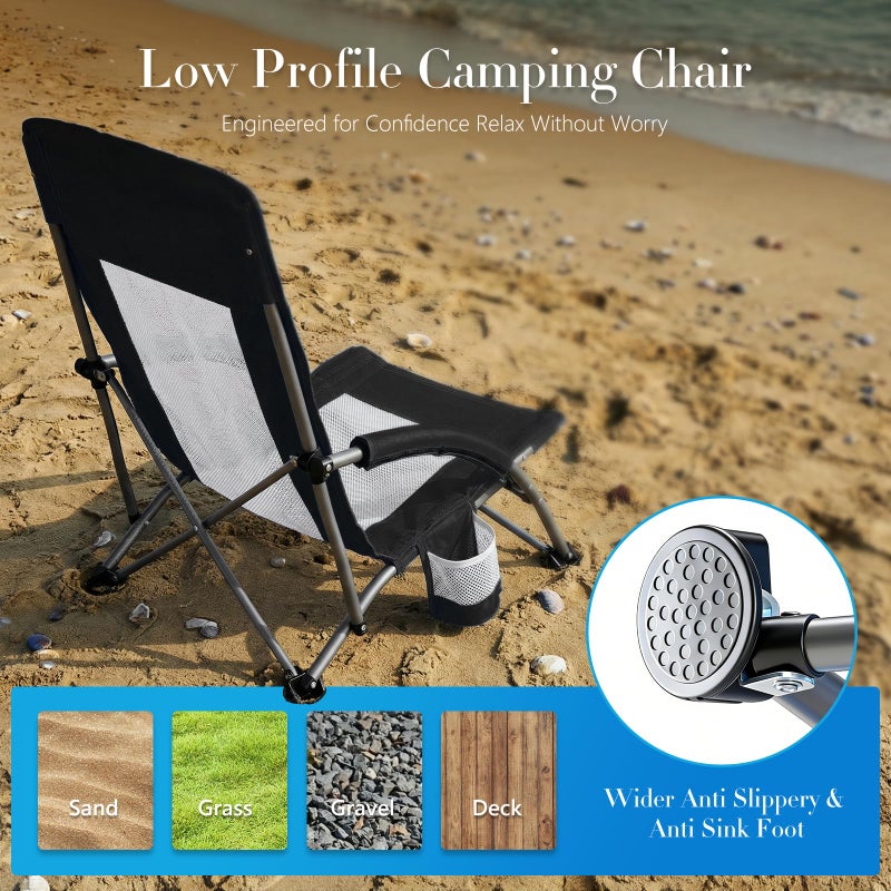 DUMOS Low Beach Chair for Adults, Lightweight Folding Portable Beach Chair with Cup Holder, Storage Pocket, Breeze Mesh Back, Padded Armrests, Low Profile Chair for Camp, Picnic, Lawn, Sand, Black - Image 5