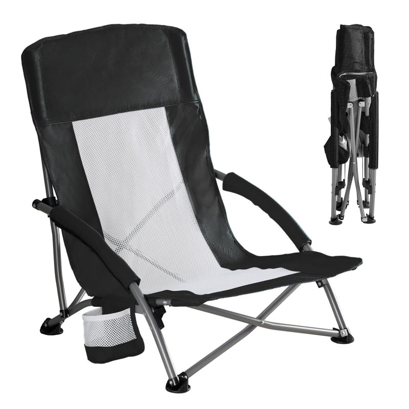 DUMOS Low Beach Chair for Adults, Lightweight Folding Portable Beach Chair with Cup Holder, Storage Pocket, Breeze Mesh Back, Padded Armrests, Low Profile Chair for Camp, Picnic, Lawn, Sand, Black - Image 1
