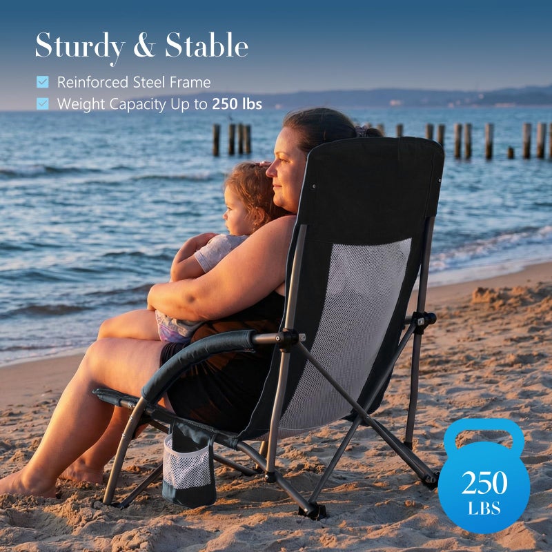 DUMOS Low Beach Chair for Adults, Lightweight Folding Portable Beach Chair with Cup Holder, Storage Pocket, Breeze Mesh Back, Padded Armrests, Low Profile Chair for Camp, Picnic, Lawn, Sand, Black - Image 4
