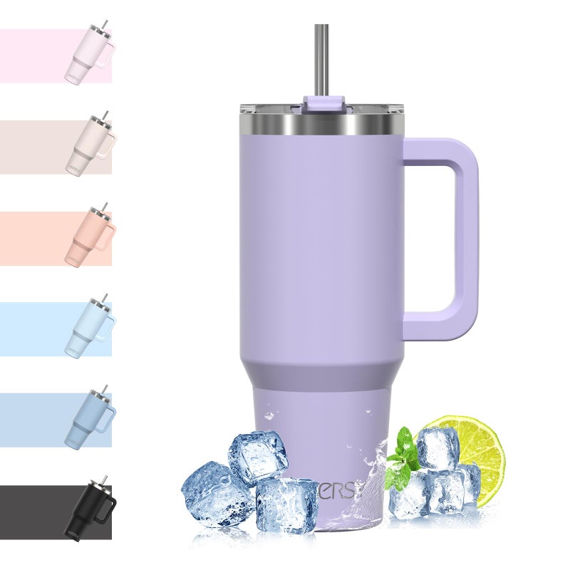 WATERSY Travel Mug Coffee Cup 40oz Tumbler Straw Lid and Handle Stainless Steel Double Wall Vacuum Insulated Coffee Water Bottle Thermal for Cold Hot Coffee 1182ml Purple
