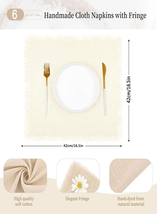 Cotton Linen Cloth Napkin, 6 Pcs Beige Handmade Cloth Napkin with Fringe, Soft Cloth Napkins Washable Square Rustic Dinner Napkins Cloth for Dinners, Parties, Weddings(42x 42cm) - Image 2