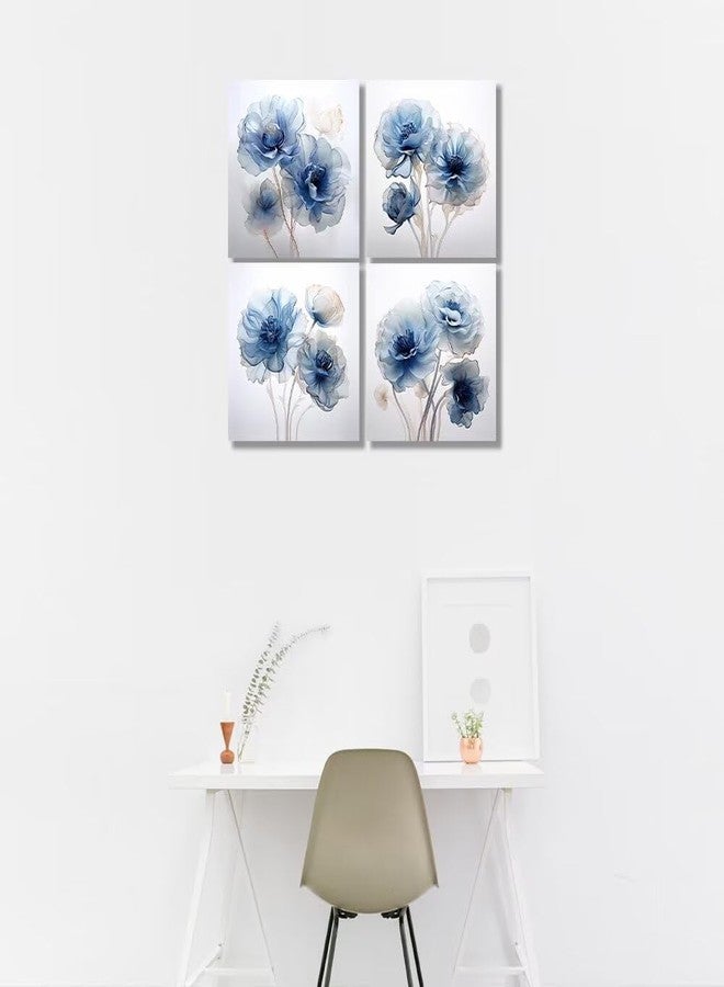 Wall HDQ Blue Flower Wall Art for Bathroom Bedroom Living Room Blue and White Wall Decor Floral Painting Canvas Print Picture for Home Decorations Framed Artwork Ready to Hang (12x12inchx4) - Image 5