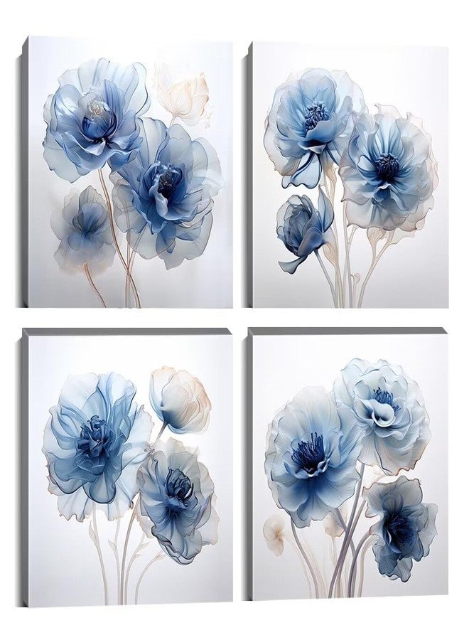 Wall HDQ Blue Flower Wall Art for Bathroom Bedroom Living Room Blue and White Wall Decor Floral Painting Canvas Print Picture for Home Decorations Framed Artwork Ready to Hang (12x12inchx4) - Image 1