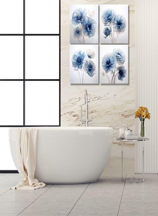 Wall HDQ Blue Flower Wall Art for Bathroom Bedroom Living Room Blue and White Wall Decor Floral Painting Canvas Print Picture for Home Decorations Framed Artwork Ready to Hang (12x12inchx4) - Image 4