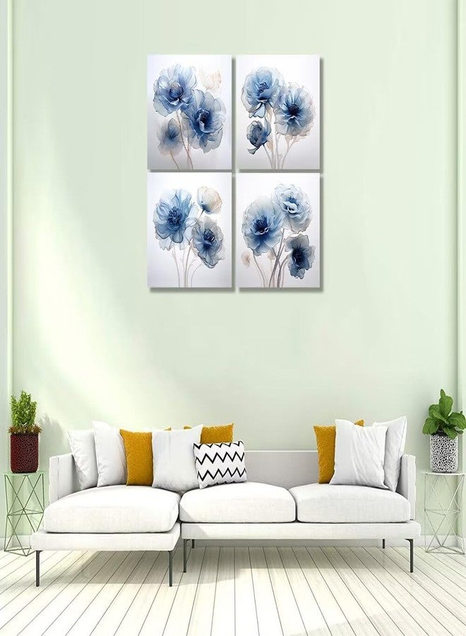 Wall HDQ Blue Flower Wall Art for Bathroom Bedroom Living Room Blue and White Wall Decor Floral Painting Canvas Print Picture for Home Decorations Framed Artwork Ready to Hang (12x12inchx4) - Image 2
