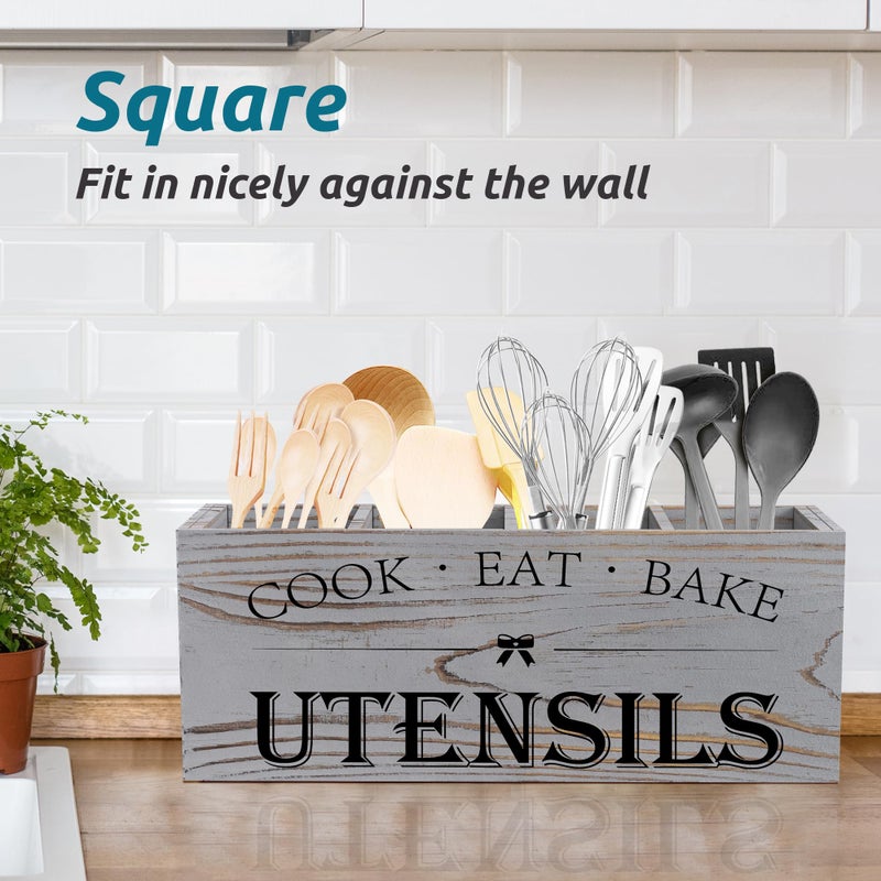 Suli Extra Large Kitchen Utensils Holder with 4 Compartments, Wooden Utensil Organizer for Kitchen Countertop, Farmhouse Decor, Rustic Cooking Utensil - Grey grain - Image 5