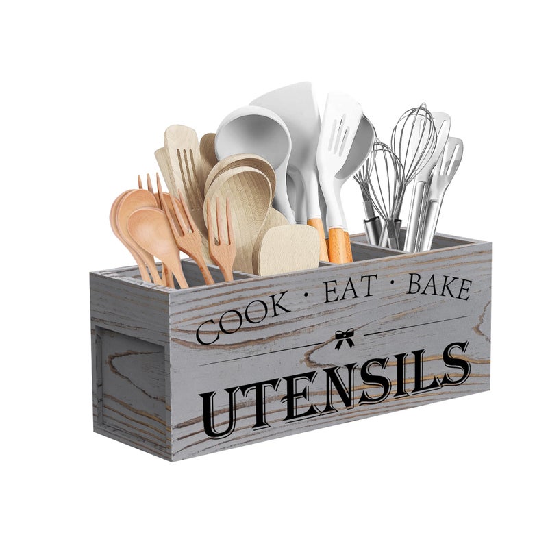 Suli Extra Large Kitchen Utensils Holder with 4 Compartments, Wooden Utensil Organizer for Kitchen Countertop, Farmhouse Decor, Rustic Cooking Utensil - Grey grain - Image 1