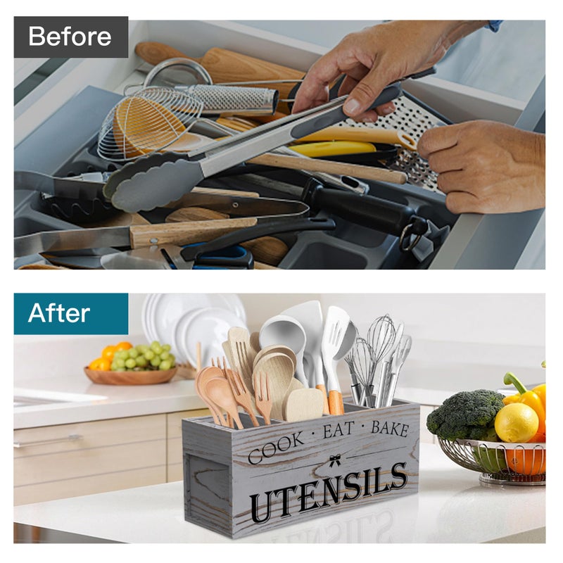 Suli Extra Large Kitchen Utensils Holder with 4 Compartments, Wooden Utensil Organizer for Kitchen Countertop, Farmhouse Decor, Rustic Cooking Utensil - Grey grain - Image 3