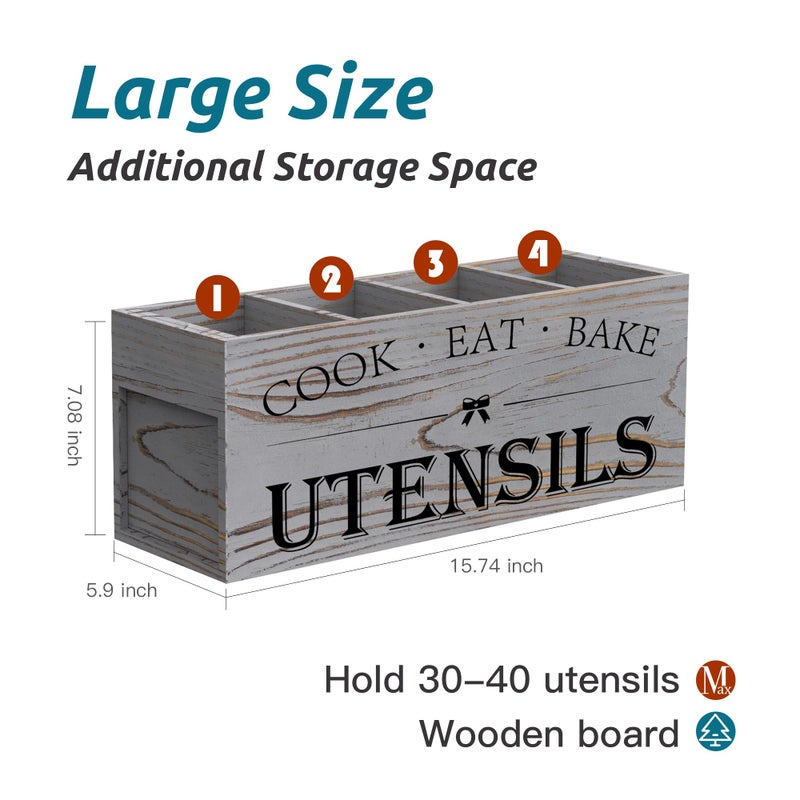 Suli Extra Large Kitchen Utensils Holder with 4 Compartments, Wooden Utensil Organizer for Kitchen Countertop, Farmhouse Decor, Rustic Cooking Utensil - Grey grain - Image 2