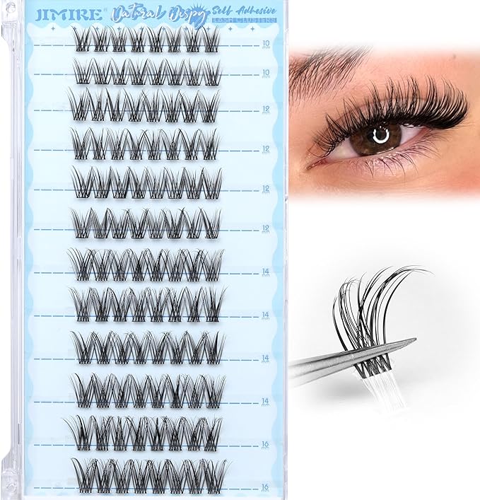 JIMIRE Self Adhesive Eyelashes Classic Natural Pre Glued Lash Clusters No Glue Needed Press on Lashes Wispy Reusable Self Adhesive Cluster Lashes 912MM CC Curl Eyelash Clusters Easy to Apply - Image 1