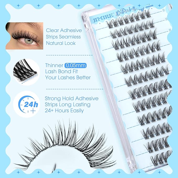 JIMIRE Self Adhesive Eyelashes Classic Natural Pre Glued Lash Clusters No Glue Needed Press on Lashes Wispy Reusable Self Adhesive Cluster Lashes 912MM CC Curl Eyelash Clusters Easy to Apply - Image 3